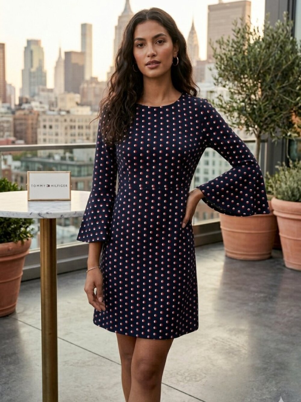 NWT Tommy Hilfiger Size 8 Navy Red White Polka Dot Bell Sleeve A-Line Dress